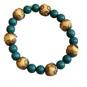 Green Faux Malachite Stone Stretch Bracelet Gold Tone Swirl Caps on Wood Beads